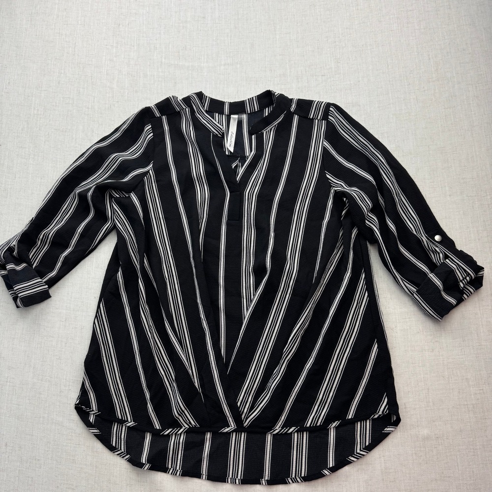 Ny Collection Womens Large Black White Striped Wrap Front Roll Tab Sleeve Blouse